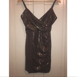 gold “wrap” mini dress